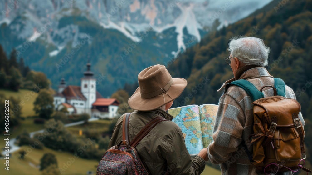 couple of grandparents travelers in a town looking at a map couple of grandparents travelers in a town looking at a map