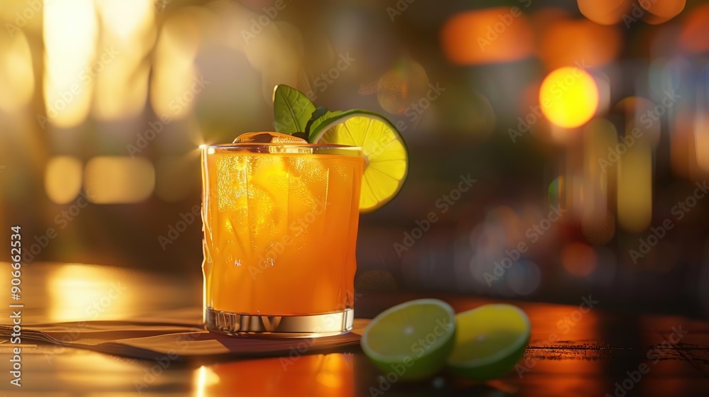 Refreshing Orange Cocktail with Lime Wedge and Mint Garnish Refreshing Orange Cocktail with Lime Wedge and Mint Garnish