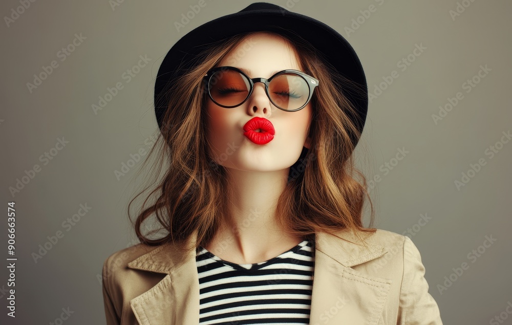 Pretty young woman blowing red lips wearing a fashion portrait