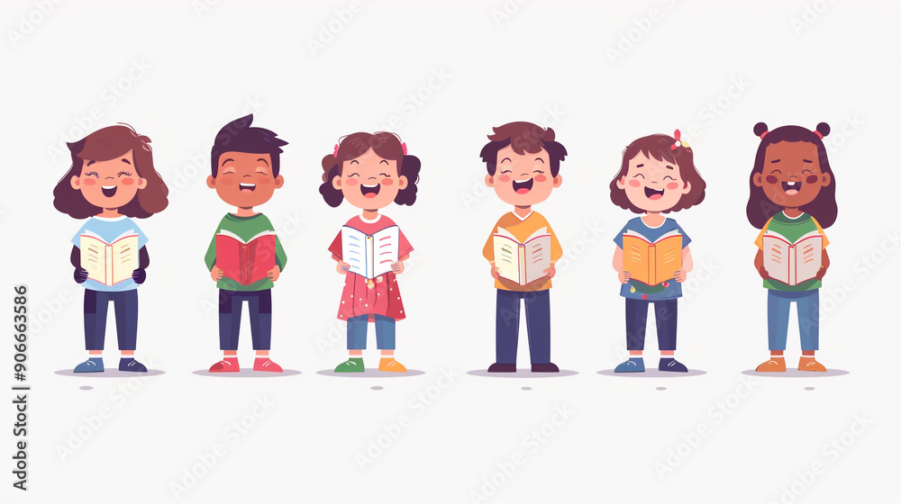 A group of children are standing in a line, together singing a song in a choir. A group of children are standing in a line, together singing a song in a choir.