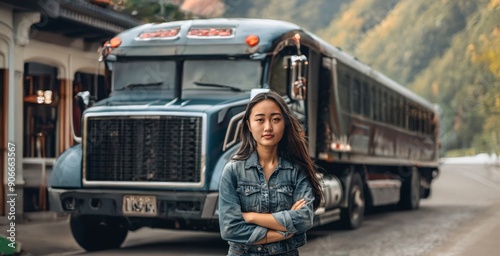 Portrait of a Young Asian Truck Driver with Trucks in the Background.Generated image photo