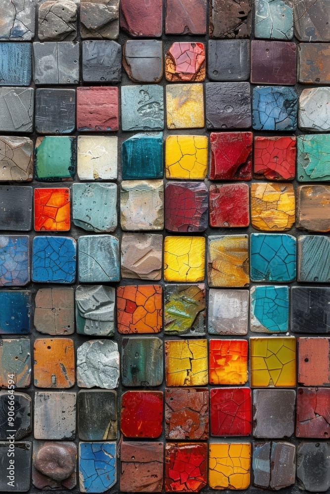 A close-up shot of a wall made of colorful square tiles, each with visible cracks and imperfections A close-up shot of a wall made of colorful square tiles, each with visible cracks and imperfections