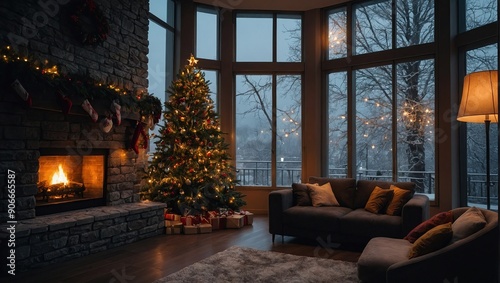 Christmas apartment with a fireplace, a large beautiful tree and a huge window