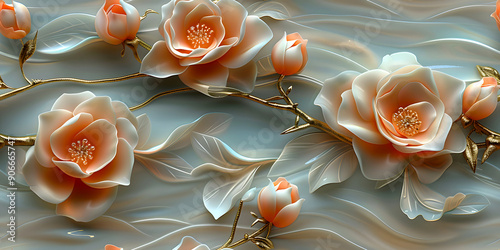 Seamless 3D White, Pink, and Red Cherry Blossom Flowers in Branches on a Light Background. Abstract Floral 3D Landscape Wall Sticker. Hd Seamless Magnolia, Frangipani, Rose Flower Wallpaper.