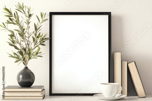 A coffee cup, books, and an empty picture frame mockup on wooden desk and table. Vase with olive branches. Scandinavian design. Elegant working space, home office concept.