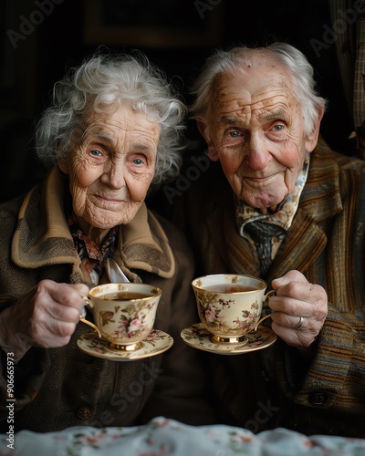 A heartening image of an elderly couple enjoying a cup of tea on a cozy morning