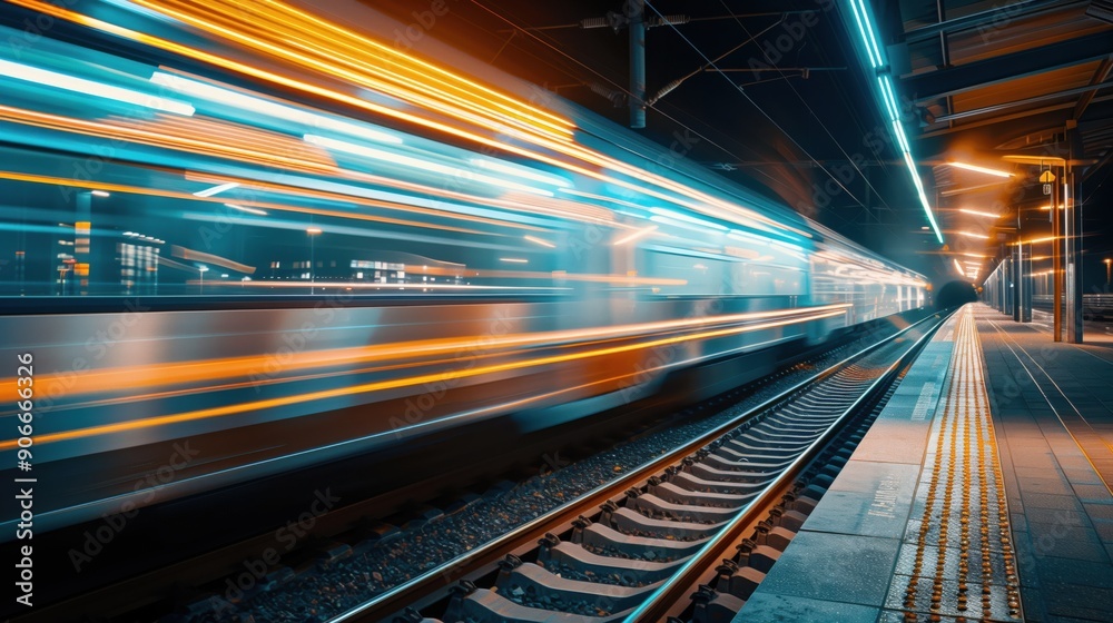 Fototapeta premium High-speed train passing through modern station with motion blur at night