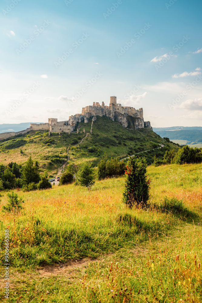 Fototapeta premium Aerial view of the Spiš Castle near Spisska Kapitula Slovakia, Tatra Mountains on the horizon