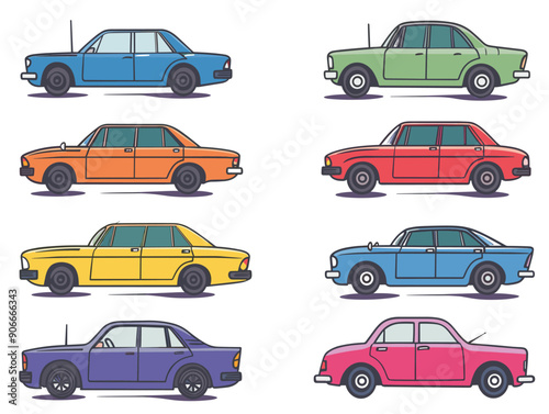 Set vintage cars illustrations, colorful classic automobiles drawn cartoon style, vehicle displays unique twotone color scheme, side view retro cars, simplistic clean design