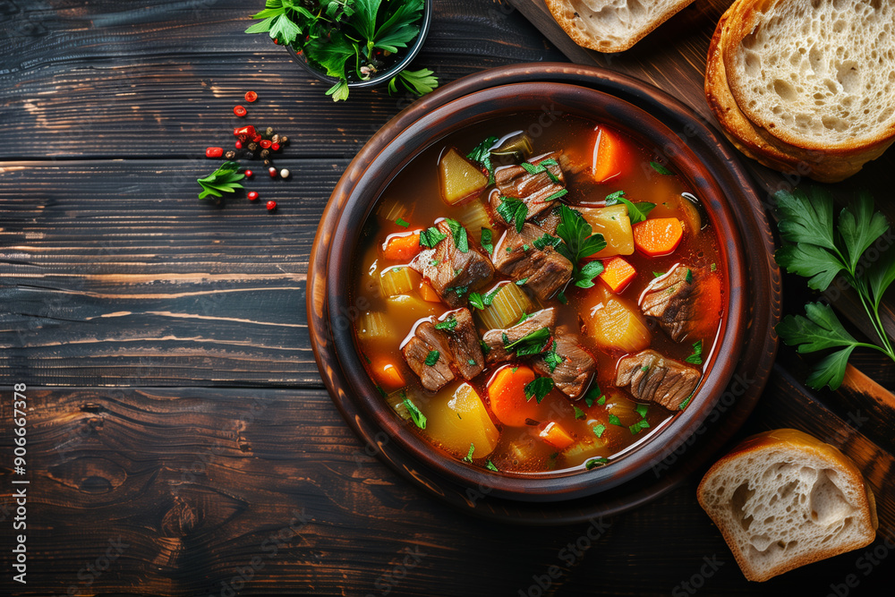 Hungarian beef and vegetable soup with dumplings on wooden table Hungarian beef and vegetable soup with dumplings on wooden table