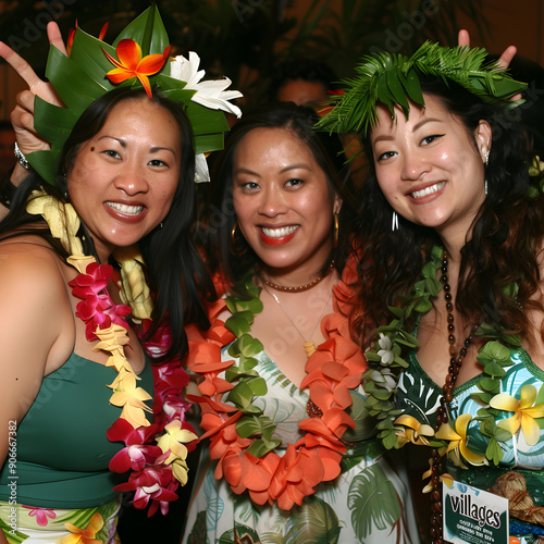 Three beautiful women are wearing colorful leis and smiling at a party photo