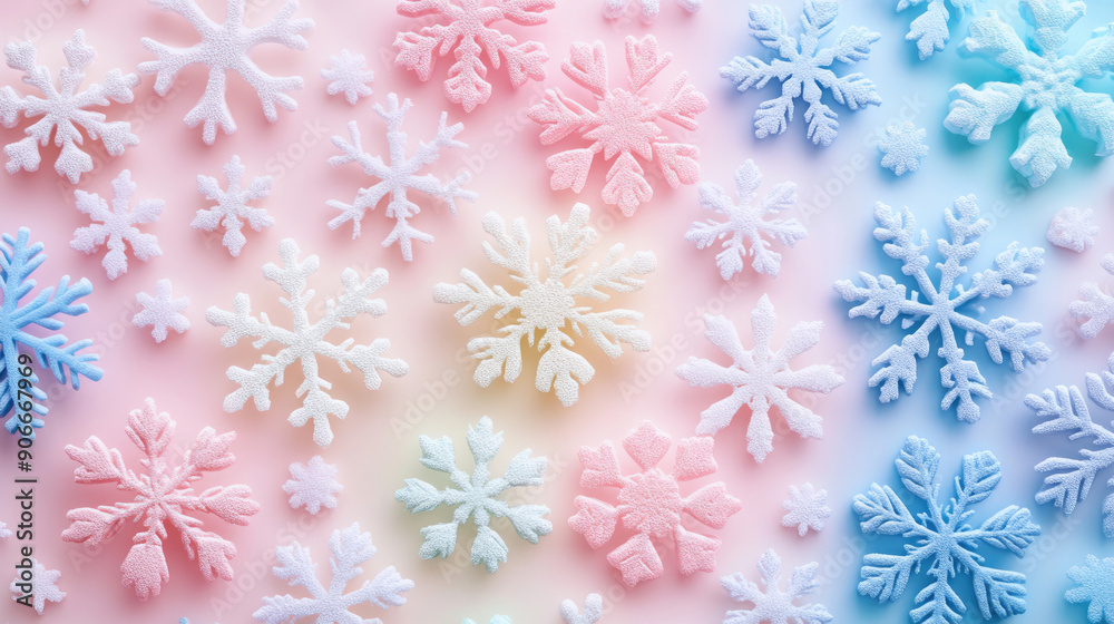Colorful, vibrant snowflakes beautifully arranged on a pastel background Colorful, vibrant snowflakes beautifully arranged on a pastel background
