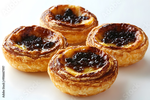 Traditional egg tart dessert from Portugal, Pasteis de nata, isolated on white background