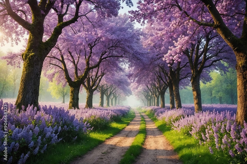Obraz premium Fantasy background . Magic forest with road.Beautiful spring landscape.Lilac trees in blossom