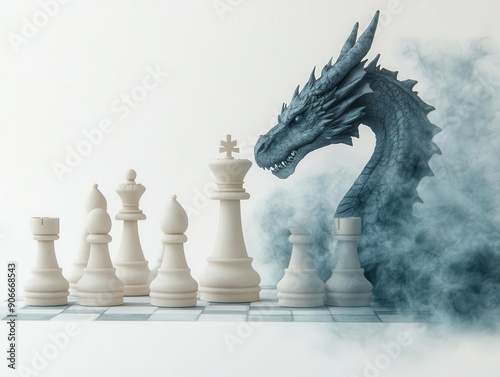 A dragon emerges from smoke, facing a chessboard and a row of white pieces, including the king.