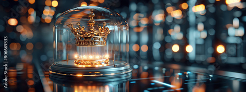 Regal Queen's Crown Securely Displayed in High-Tech Armored Glass Box Isolated on Dark Background photo