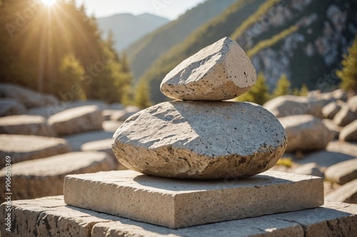 Beige concept product display podium Rock Stone with blurred background with sunlight shadow photo