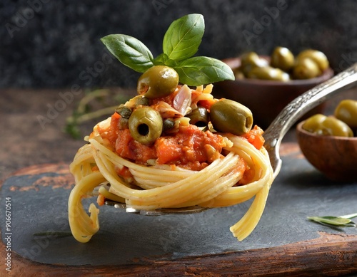 Pasta mit Tomatensauce mit Kapern, Oliven und Sardellen auf einer Gabel  photo