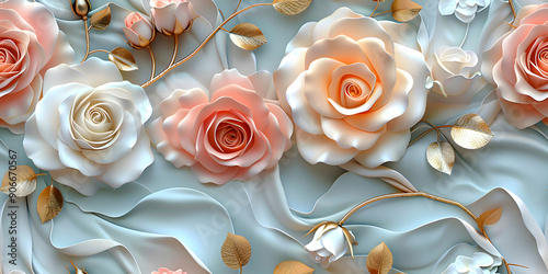 Seamless 3D White, Pink, and Red Cherry Blossom Flowers in Branches on a Light Background. Abstract Floral 3D Landscape Wall Sticker. Hd Seamless Magnolia, Frangipani, Rose Flower Wallpaper.