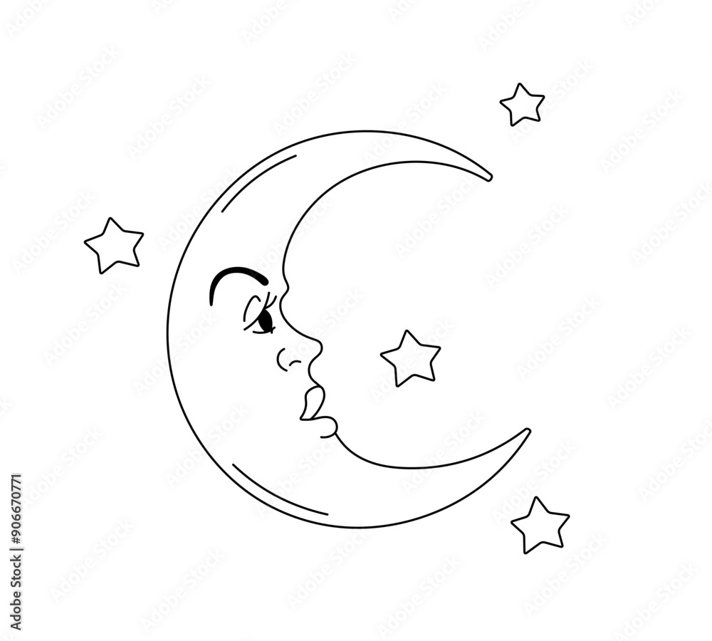 Obraz premium Vector isolated fairy tale crescent moonwith face and stars colorless black and white contour line easy drawing