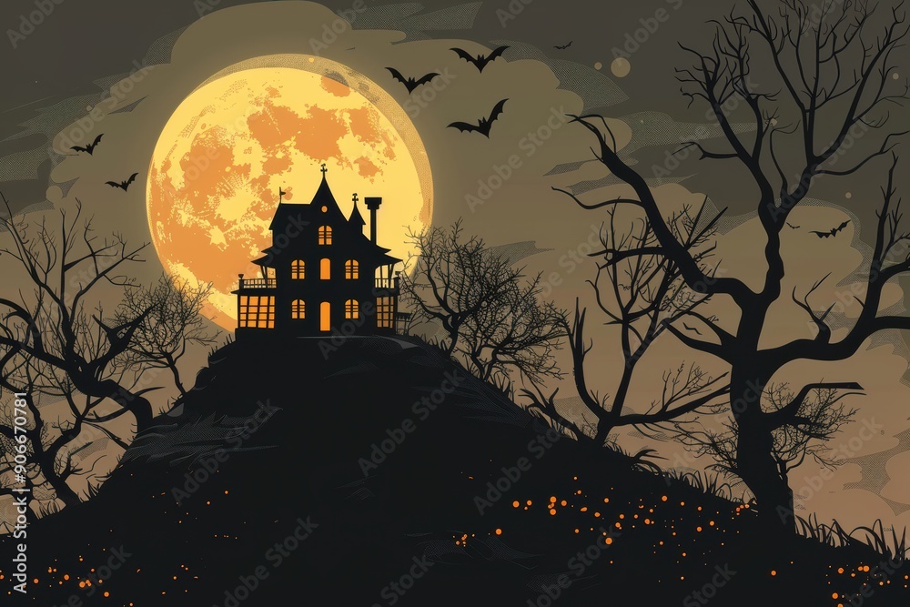 An old, spooky house on top of a hill with a full moon An old, spooky house on top of a hill with a full moon