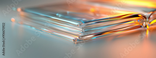 Futuristic 3D Visualization of Transparent Books in a Gradient Glass Design and Orange-Blue Backdrop photo