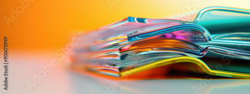 3D Rendering of Transparent Books with Gradient Translucent Glass and Orange-Blue Background photo