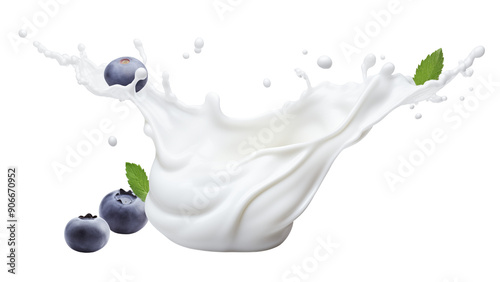 Blueberry dropped in Milk or yogurt splash on transparent background , cut out.	 photo