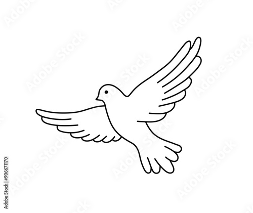 Vector isolated one single simple flying pigeon bird side view front view colorless black and white contour line easy drawing
