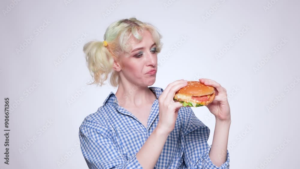 A beautiful blonde girl in a blue shirt holds a cooked hamburger in her hand. Fast food. A beautiful blonde girl in a blue shirt holds a cooked hamburger in her hand. Fast food.