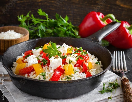 Reis mit frischer Paprika, Ziegenkäse und frischen Kräutern in einer Pfanne 