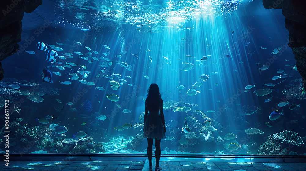 Fototapeta premium Sea World Aquarium Silhouette. Natural Underwater Creature Background with Copy Space