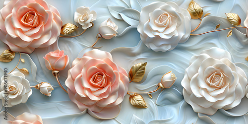 Seamless 3D White, Pink, and Red Cherry Blossom Flowers in Branches on a Light Background. Abstract Floral 3D Landscape Wall Sticker. Hd Seamless Magnolia, Frangipani, Rose Flower Wallpaper.