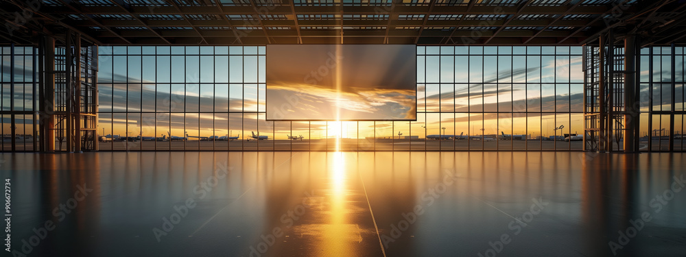 A LED screen is located in the center of the picture, A large screen, indoor, airport