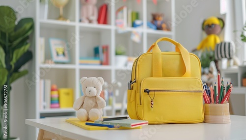 A yellow school backpack rests on a table against a shelf of books next to coloured pencils and soft toys concept of the first day of school