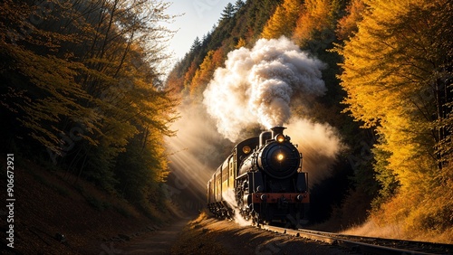 train emerging from dark tunnel, steam billowing, illuminated by golden light, misty forest landscape, autumn leaves falling
