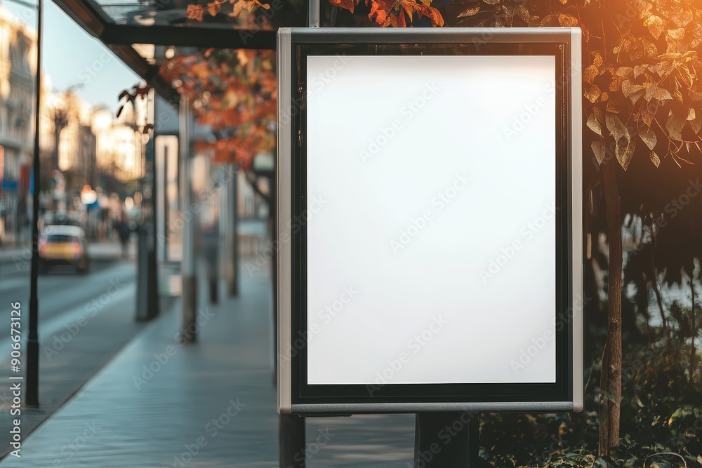 Blank white billboard at bus stop on city street. In the background are buildings and road. Mock up. Poster next to road on sunny summer day. Blank white billboard at bus stop on city street. In the background are buildings and road. Mock up. Poster next to road on sunny summer day.