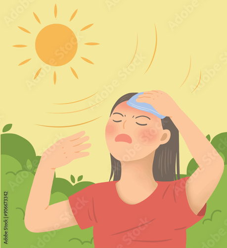 Illustration of a woman feeling hot in the summer sunlight and heat