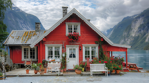 Impressive summer view of Lovatnet Lake, Municipality of Stryn, Sogn og Fjordane County, Norway. photo