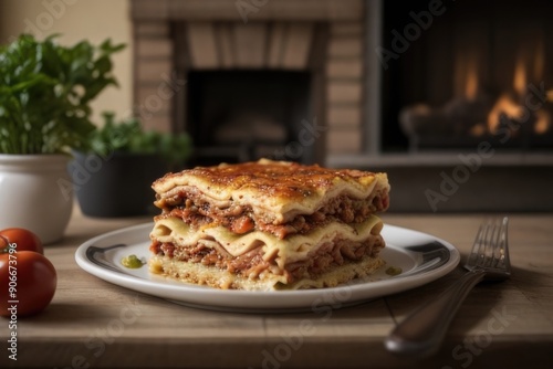 Baked Beef Lasagna over a blurry background