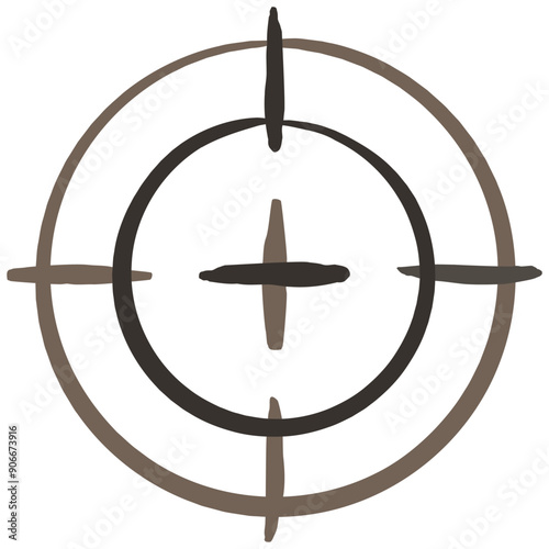 Hand-drawn vector brown icon of a target or crosshair, created with a brush on a transparent background. Perfect for themes related to focus, accuracy, goal-setting, and targeting