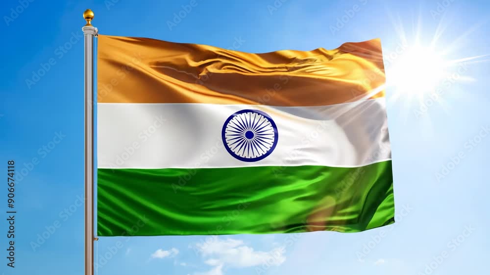 Motion of Indian national flag waving on the sky with beautiful sunlight on sunrise. Independence Day and Republic day of India. Labour Day. Maharashtra Day. Election in India. Patriotic background