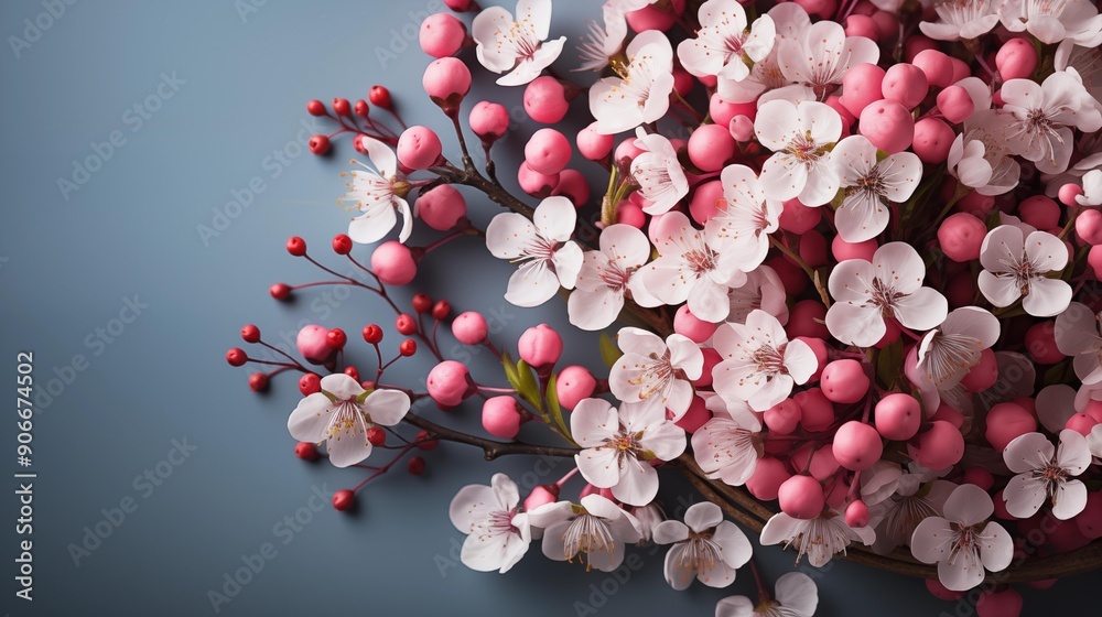 A beautiful bouquet of pink flowers is displayed on a blue background A beautiful bouquet of pink flowers is displayed on a blue background