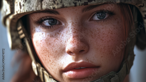 an ultra realistic close up of a soldier woman face,