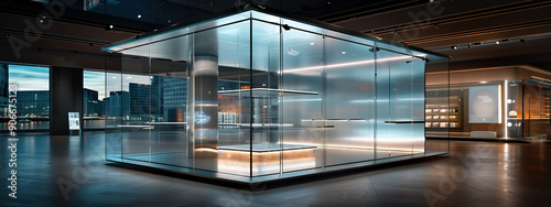 Modern Showcase with Glass Walls and Central Display Table Against a Black Background photo
