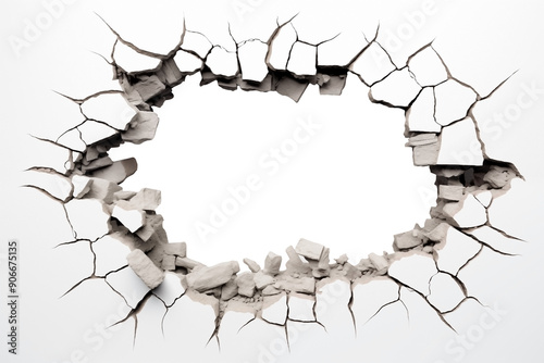 Hole breaking through white wall PNG Concrete Wall Damage isolated on white and transparent background - Wall Crack Penetration Breakthrough Movie Assets