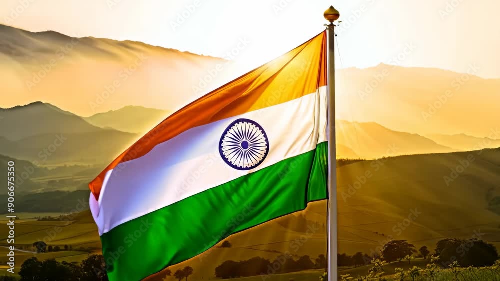 Motion of Indian national flag waving on the sky with beautiful landscape on sunrise. Independence Day and Republic day of India. Labour Day. Maharashtra Day. Election in India. Patriotic background