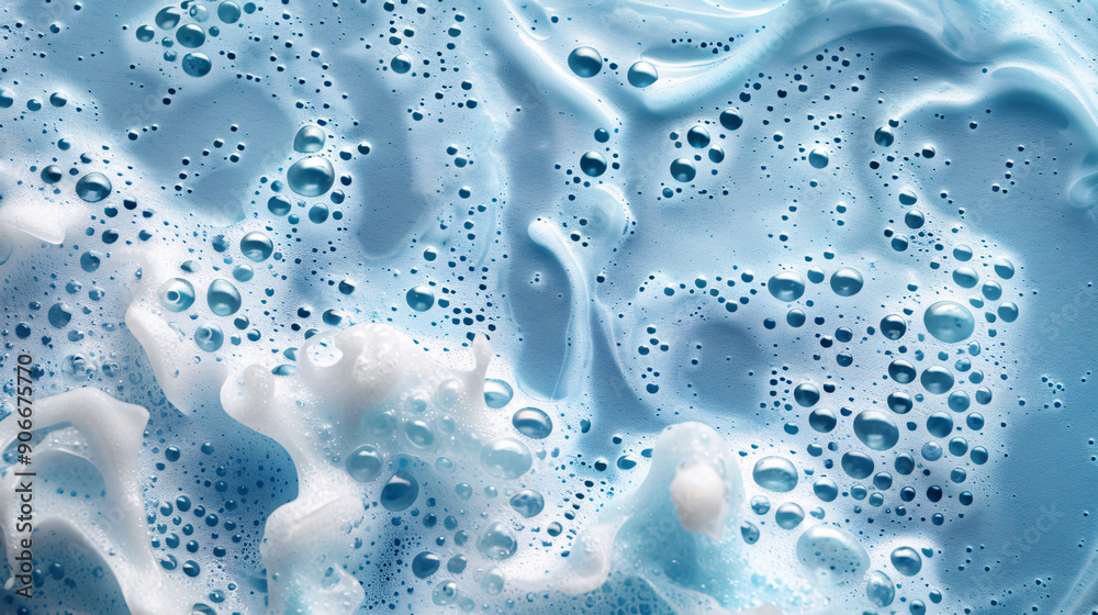 White soapy foam on a light blue surface close-up White soapy foam on a light blue surface close-up