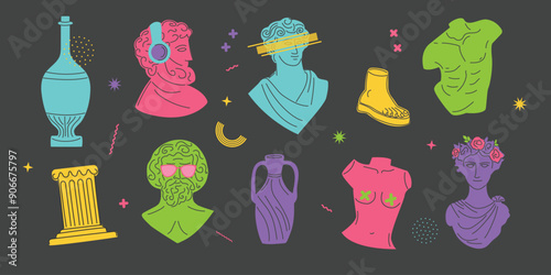 Ancient greek culture sticker pack in modern art style. Acid trendy Greece sculpture, trippy surreal elements, weird statue vector set. Mythological trendy characters.