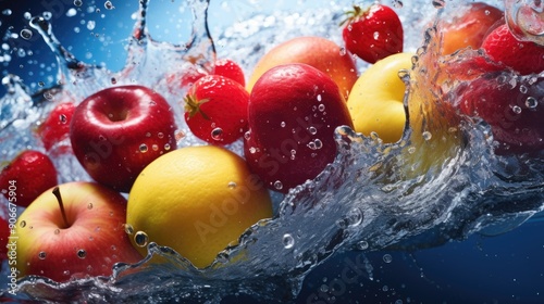 Close-up of vibrant, fresh fruit in a water splash freeze-frame